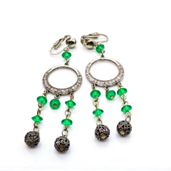 Summer Green Shoulder Duster Earrings, Vintage Chased Hoops with Green Bicone - Picture 2 of 4